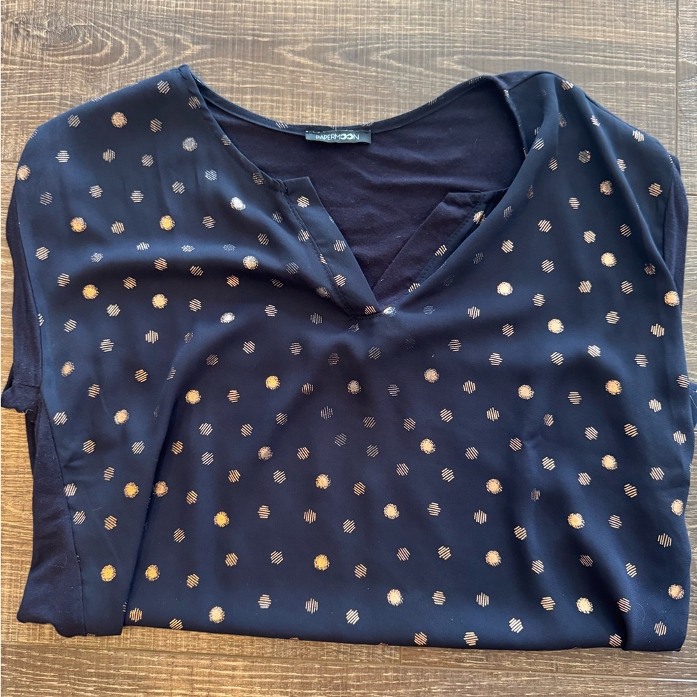**DONATED** 
Navy and Gold Dot Blouse